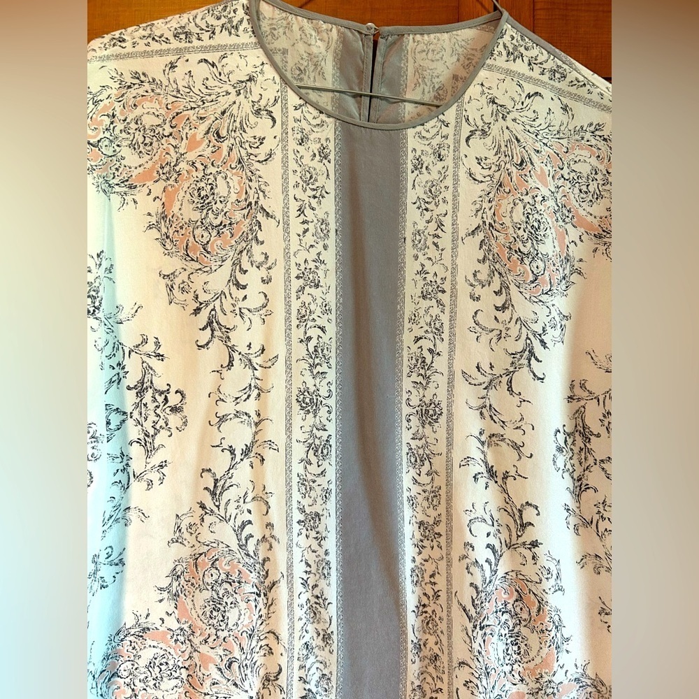 Silk top women’s medium blouse, cream, grey, and light pink, keyhole button back